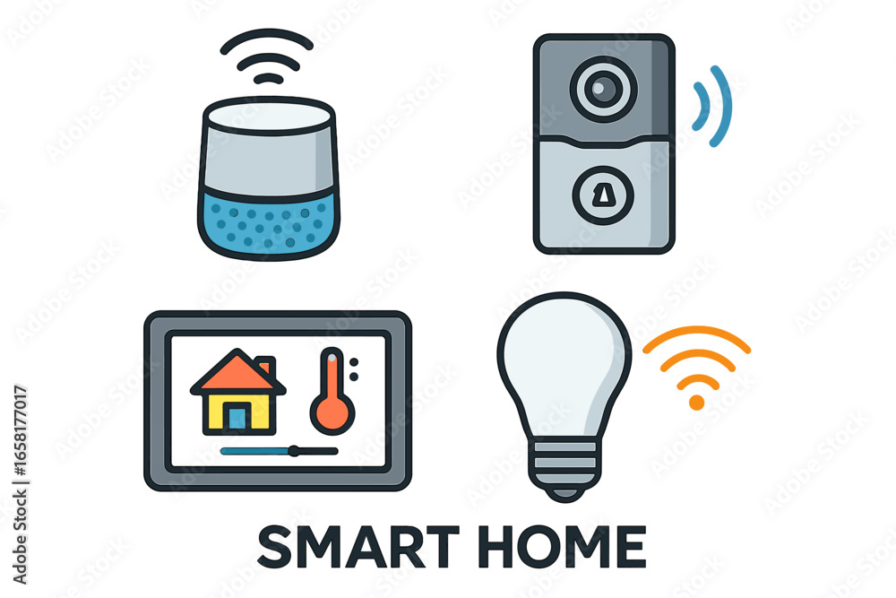 Poster smart home device icon set for home automation system. vector illustration of iot technology concept