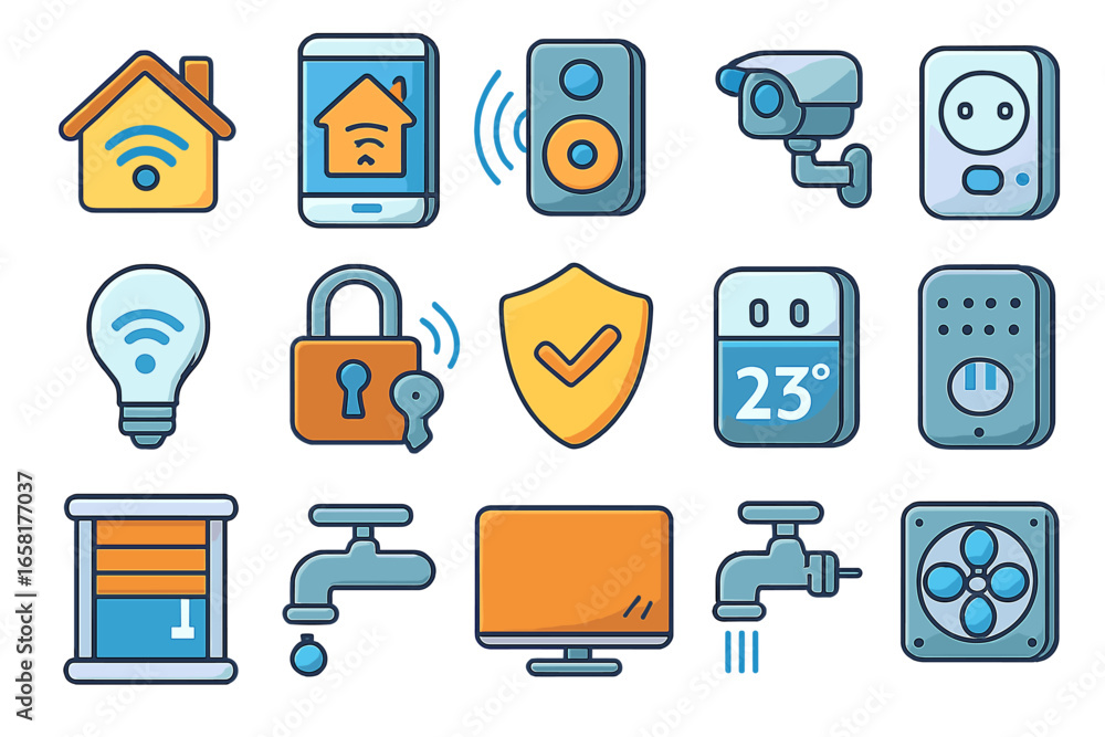 Aufkleber smart home technology icon set. home automation system with remote control via mobile app. internet 