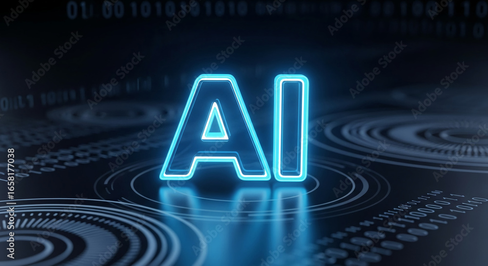 Poster glowing blue ai lettering on dark tech background with binary code, representing artificial intellig