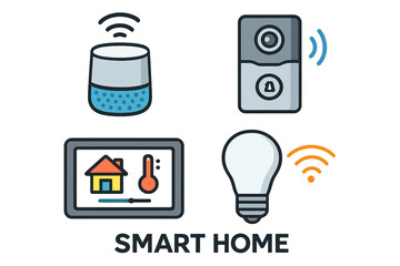 Smart home device icon set for home automation system. Vector illustration of IoT technology concept. Contains smart speaker, doorbell, thermostat control panel and light bulb icons.