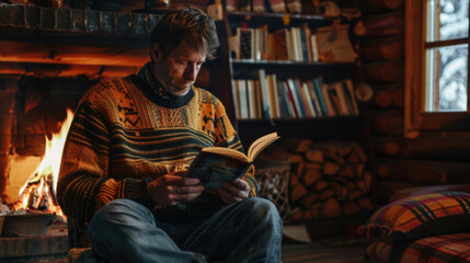 Cozy scene of man reading by fireplace in rustic cabin, wearing warm sweater. Books and logs are visible, creating peaceful atmosphere