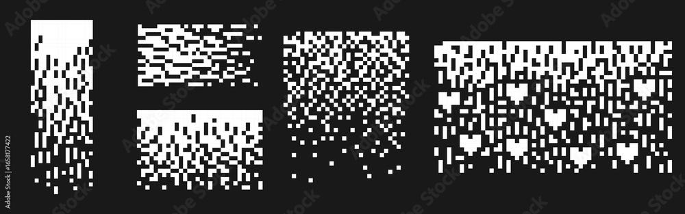 Poster pixel pattern cube textures with monochrome geometric designs for digital art and game development. 