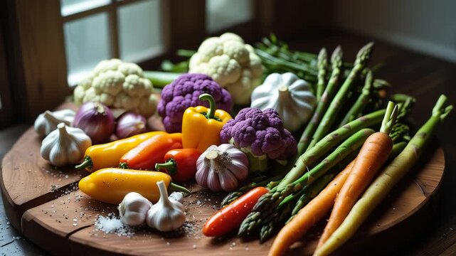 Fresh assortment of colorful vegetables including carrots garlic peppers cauliflower asparagus arranged on wooden board near window light