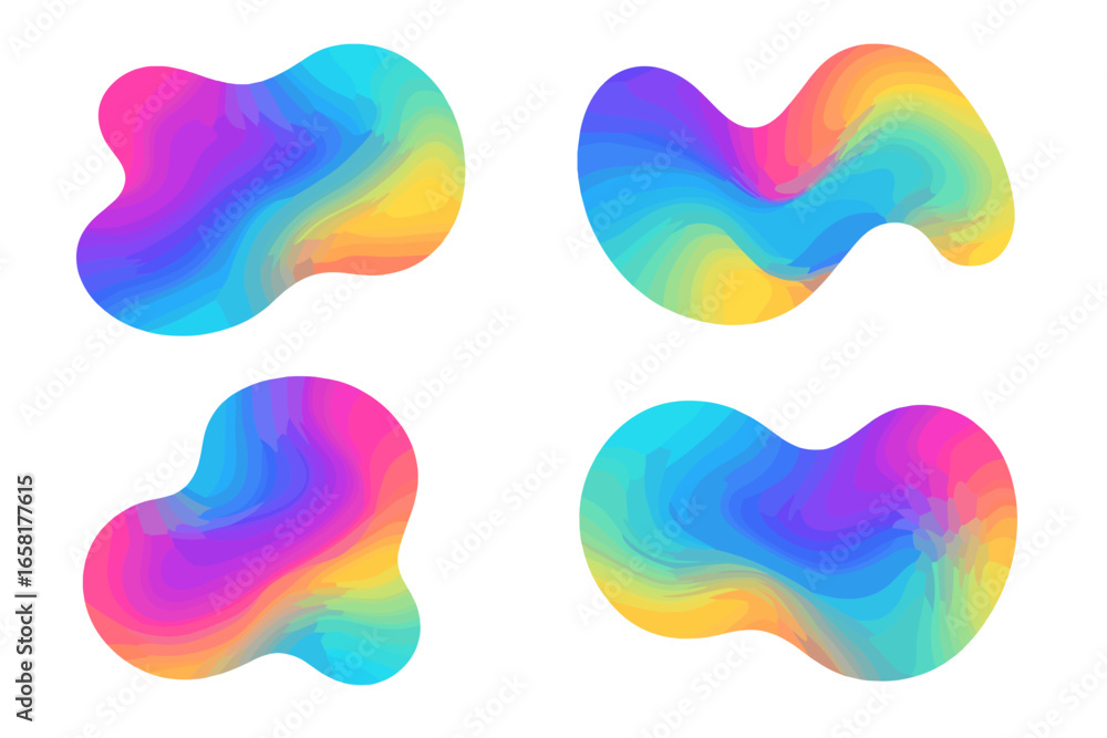 Poster set of abstract fluid shapes with vibrant color gradients. dynamic liquid blob elements for modern d