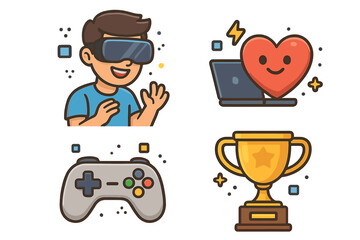 Set of gaming icons with boy in VR headset, gamepad controller, winner trophy cup and heart. Love for video games, esports competition and digital technology vector cartoon.