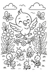 Fototapeta premium Joyful bird with butterflies and musical bugs in a garden illustration