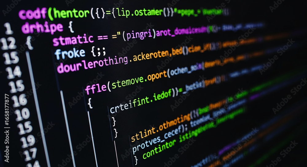 Poster close-up of colorful computer code on a dark screen, showcasing lines of programming language, symbo