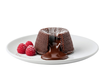 Chocolate lava cake with raspberries on a white plate dusted with powdered sugar dessert presentation
