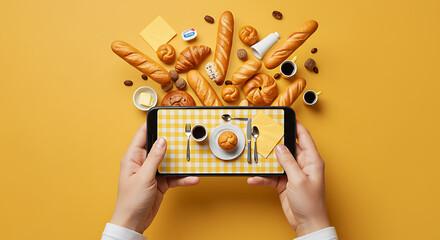 Hands holding a smartphone displaying a breakfast scene with a yellow backdrop