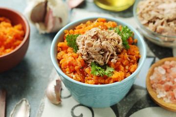 Houria, cooked carrot salad, a traditional dish of Tunisian cuisine	