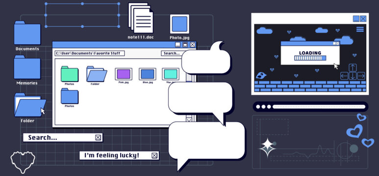 Classic retro internet y2k desktop with blue folder icons, file explorer window and empty speech bubbles on dark grid background. Nostalgic pixel game computer interface for old school web aesthetic.