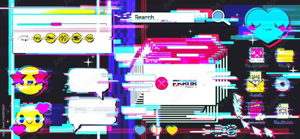 Poster retro internet y2k glitch interface elements with browser windows, error messages, emoticon icons an