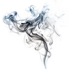 Abstract blue and grey smoke wisps swirling and flowing in elegant patterns, isolated on transparent background