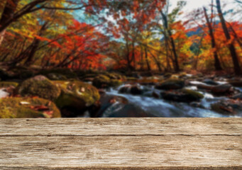 Wooden table top on blur stream water and forest natural background.For montage product display or design key visual layout.view of copy space.