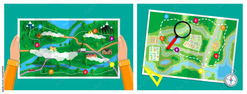 Poster a man holding a paper map with a travel route and gps pins. navigation and orientation concept for d
