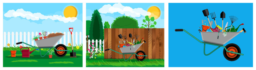 Garden tool wheelbarrow in flat style set. Set of gardening equipment items. Collection for agriculture work. Seasonal hobby.