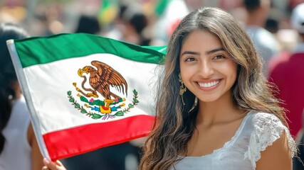 smiling young mexican woman holding mexican flag against background of people with flags on mexico city street, festival, mexican independence day, september 16, celebration, latin american person