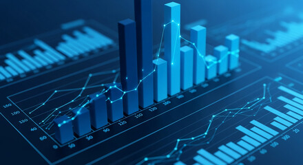 3D blue bar graph with line graph overlay, showcasing upward trend, symbolizing growth, success, and financial progress.  Free space for text