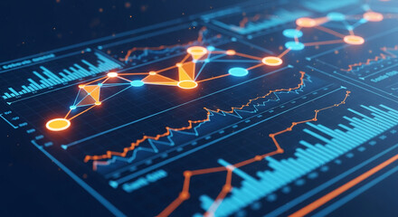 Close-up of glowing blue and orange data network graph, showcasing interconnected nodes and trend lines, symbolizing data analysis, connection, and growth