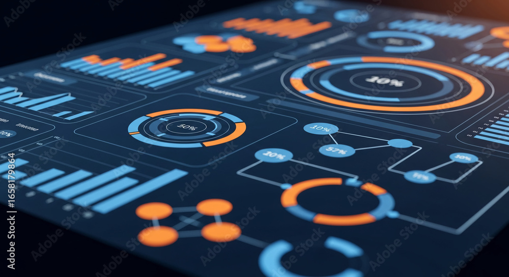 Poster close-up of a digital display showing various charts and graphs in blue and orange hues, representin