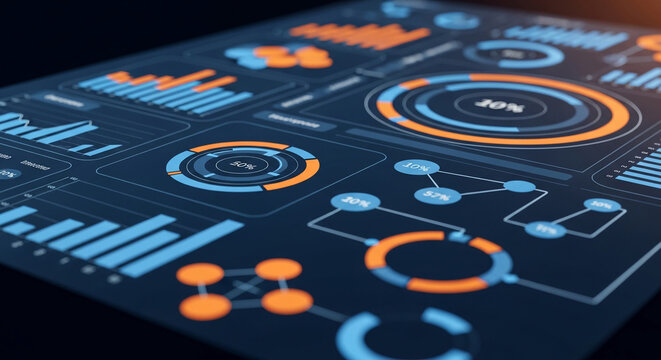 Close-up of a digital display showing various charts and graphs in blue and orange hues, representing data analysis and business intelligence, ideal for technology or financial concepts