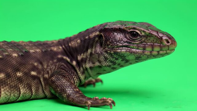 Exotic Tegu Lizard Close-Up on Vibrant Green Studio Background with Detailed Scales and Eye