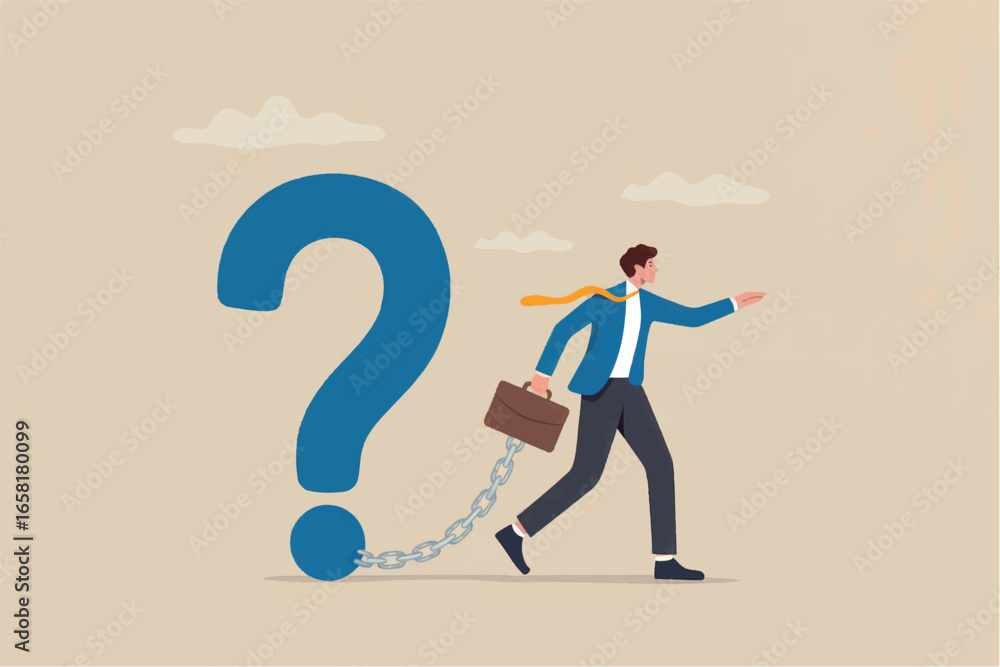 Poster man with briefcase running past a giant blue question mark symbolizing confusion and seeking answers