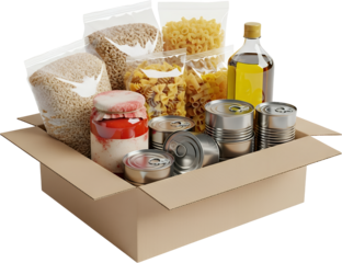 Cardboard box filled with food pasta sunflower seeds canned goods jarred food and oil isolate Cans Packaging