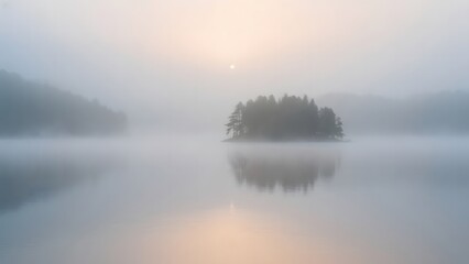 Fototapeta premium Misty Lake with Tree-Covered Island at Dawn