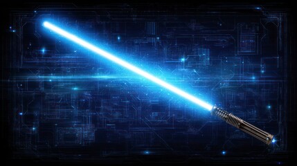 Glowing blue energy sword against a detailed circuit board background