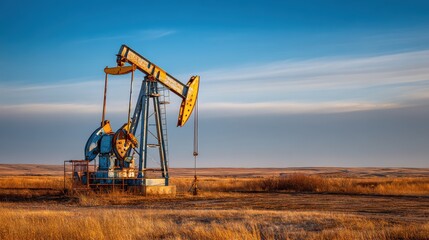 Industrial oil pump jack in vast golden grassland at sunset, energy production machinery in natural rural landscape, oil industry equipment outdoors