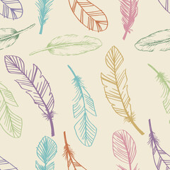 Seamless pattern with hand drawn feathers. Vector Illustration.