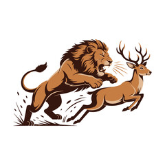 A powerful wild lion attacking a graceful deer in a dramatic hunt scene for wildlife enthusiasts vector illustration design