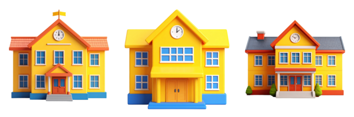 3D Plastic Style School Buildings Icon Set Featuring Yellow Orange And Blue Color Schemes With Transparent Backgrounds Perfect For Educational Digital Illustrations