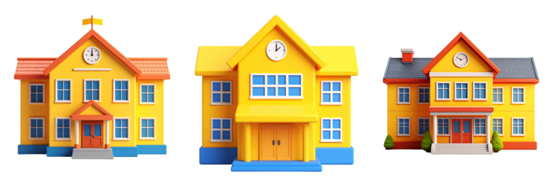 3D Plastic Style School Buildings Icon Set Featuring Yellow Orange And Blue Color Schemes With Transparent Backgrounds Perfect For Educational Digital Illustrations