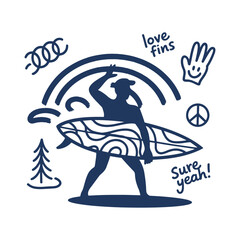 A minimalist dark blue silhouette of a surfer with a surfboard surrounded by retro doodle elements vector illustration design