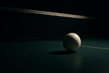 A single ping pong ball sits on a table in low light, casting a dramatic shadow beside the net.