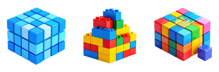 3D Plastic Style Isometric Cubes In Diverse Colors Isolated Against a Black Background Illustrating Playful Construction And Creative Design Elements