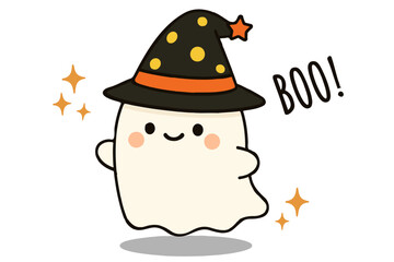 Cute cartoon ghost with witch hat and "Boo" text. Kawaii Halloween character illustration for stickers, cards, kids design and holiday decorations.