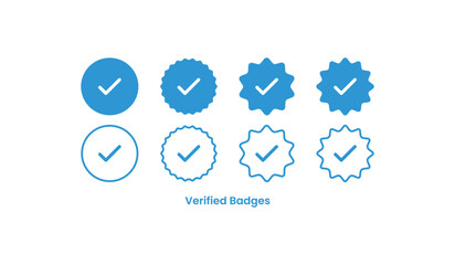 Set of verified badge check mark vector icons in blue. Perfect for social media verification, profile authentication, certification, approval, trust, online security, and digital identity design proje