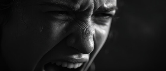 Obraz premium Closeup portrait of a stressed adult woman screaming in despair, showcasing intense emotion and mental health issues in black and white