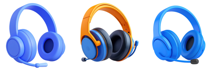 Three Dimensional Plastic Style Headsets Array in Shades of Blue and Orange Isolated on Transparent Background