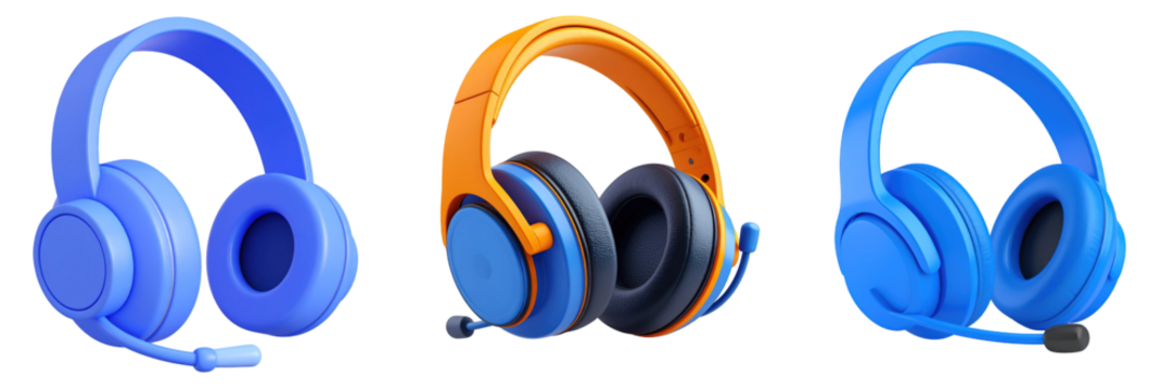 Three Dimensional Plastic Style Headsets Array in Shades of Blue and Orange Isolated on Transparent Background - Powered by Adobe