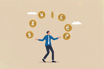 Businessman juggling global currency symbols representing financial management and international exchange