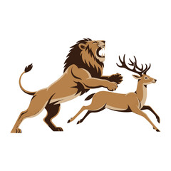 A fierce lion pouncing on a running deer, a dynamic depiction of the predator and prey relationship vector illustration design