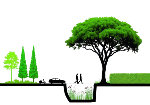 Sustainable urban landscape design with bioswale for stormwater management isolated PNG with Transparent Background