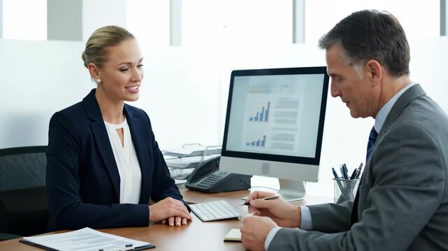 Businesswoman Consulting Client in Office - A friendly female financial advisor or insurance agent sits across from a male client at a desk in a modern office.
