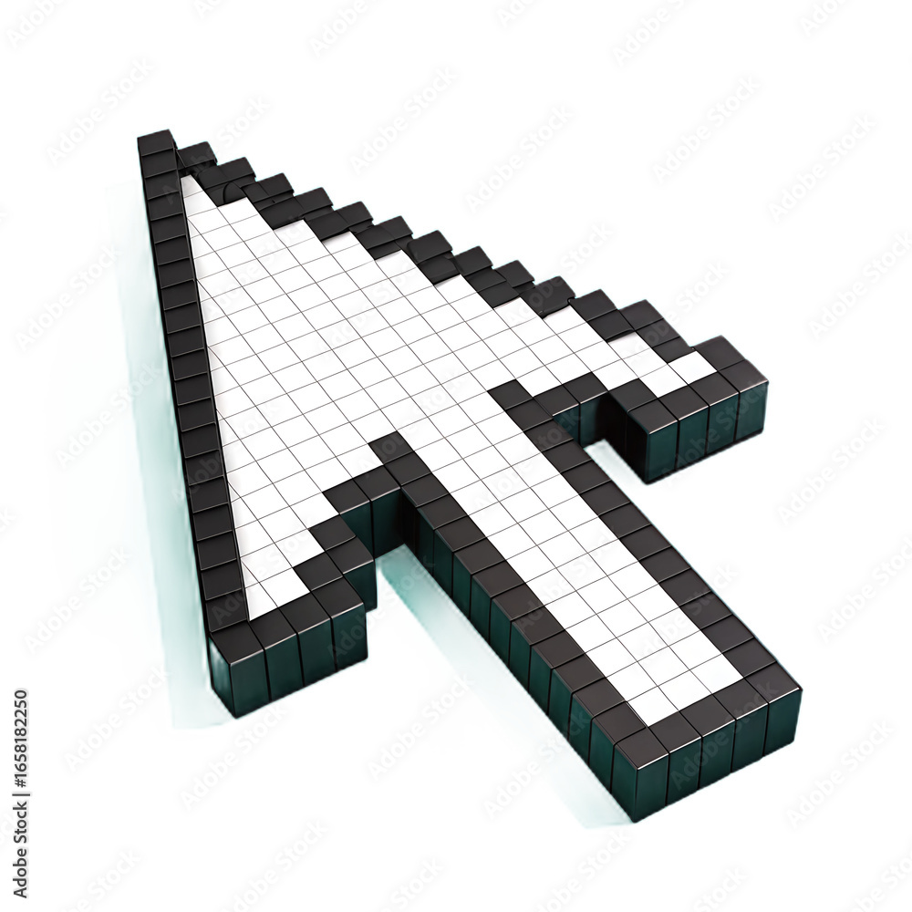 Poster pixelated computer mouse cursor pointing upwards on black background with teal reflections technolog