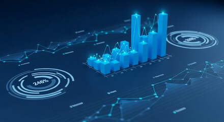 3D blue bar graph showcasing growth, financial success, data visualization, and business analytics concepts.  Ideal for presentations, reports or website banners