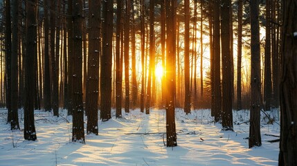 Winter Woodland Sunset: Golden Light Through Bare Trees, Frosty Branches, and Cold Air in a Snow-Dusted Forest at Dusk